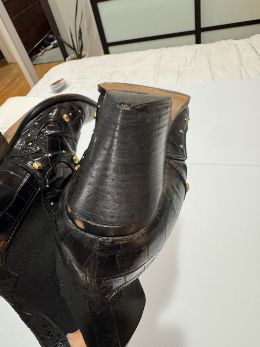 Vince Camuto Black Pointed Western Ankle Boots with Gold Studs - Picture 8 of 9